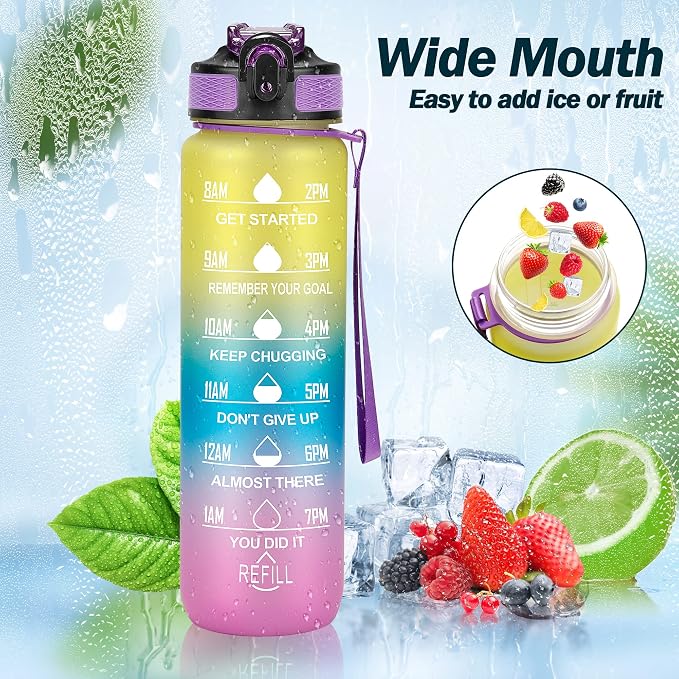 YC Kitchen Motivational Water Bottle with Time Marker - 32oz, Leak-proof BPA Free Sports Water Bottles with Straw & Carrying Strap