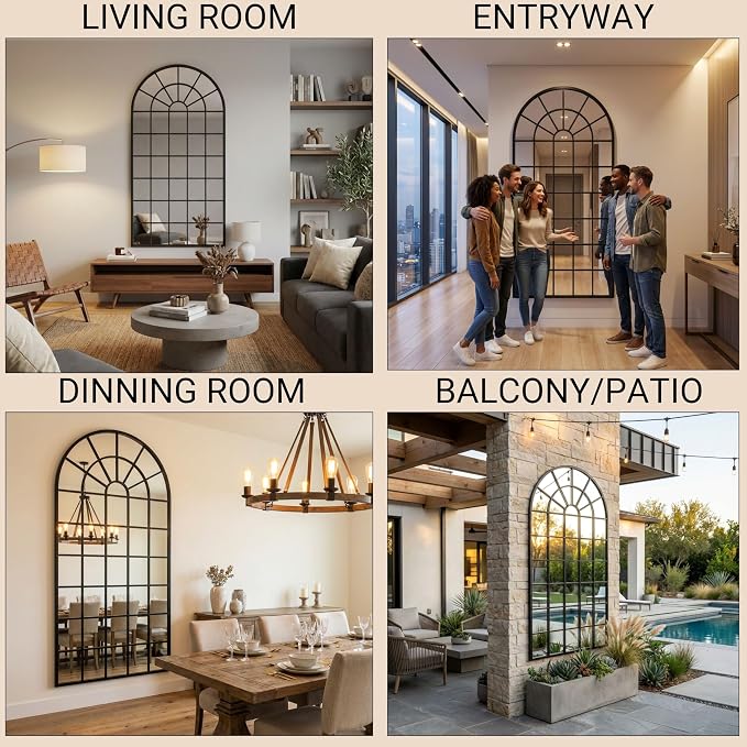 64x30Inch Large Arched Window Pane Mirror| Black Arched Mirrors for Wall & Floor | Arch Mirror Full Length for Entryway Living Room & Bedroom | Oversized Mirrors | Wall Art Decorative |Farmhouse Décor