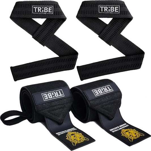 21-Inch Wrist Wraps and 24-Inch Lifting Straps Set for Weightlifting | Heavy-duty wrist support wraps, anti-slip silicone grip straps with padded loops, reinforced stitching for heavy lifts
