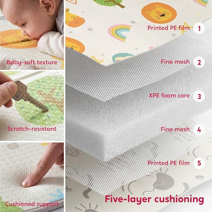 Baby Play Mat – Foldable 78"x51" XPE Foam Baby Floor Play Mat with Fabric Surface, Double-Sided Cute Print, Soft Non-Slip Tummy Time, Play Mat for Babies 0-12 Months, Nursery, Playroom, Living Room
