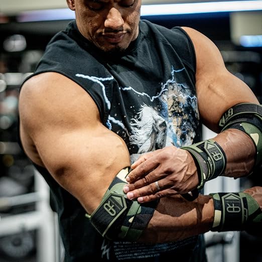 Elbow Wraps for Weightlifting - Heavy Duty Construction, 25% More Elasticity, Reinforced Stitching, Extra Wide Fastener, Easy to Adjust, Green Camo