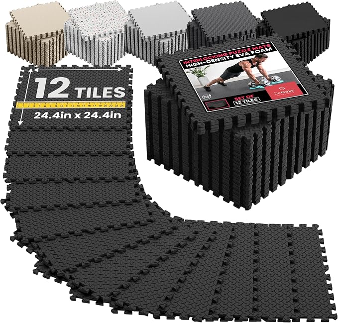bemaxx Gym Mats Set - 12 pcs EVA Interlocking Foam Floor Tiles (24.4"x24.4"x0.4") 48 sqft Protective Gym Flooring Sports Home Workout Exercise Mats Puzzle Garage Fitness Play-Room Pool Treadmill Bike