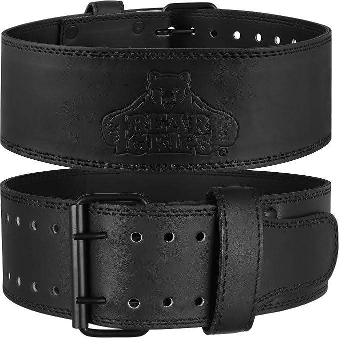 Bear Grips 5mm Leather Weightlifting Belt for Men & Women, Premium Leather with Carrying Case, Double Prong Powerlifting Belt for Squats, Deadlifts, Gym, Stealth Black