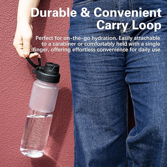 OLDLEY 32 oz Water Bottle with Handle, BPA-Free Tritan Reusable Sports Water Bottle with Leak-Proof Dust Lid, Wide Mouth, Cup Holder Friendly, Half Frosted Clear Bottle for Gym, Travel, Work,Clear