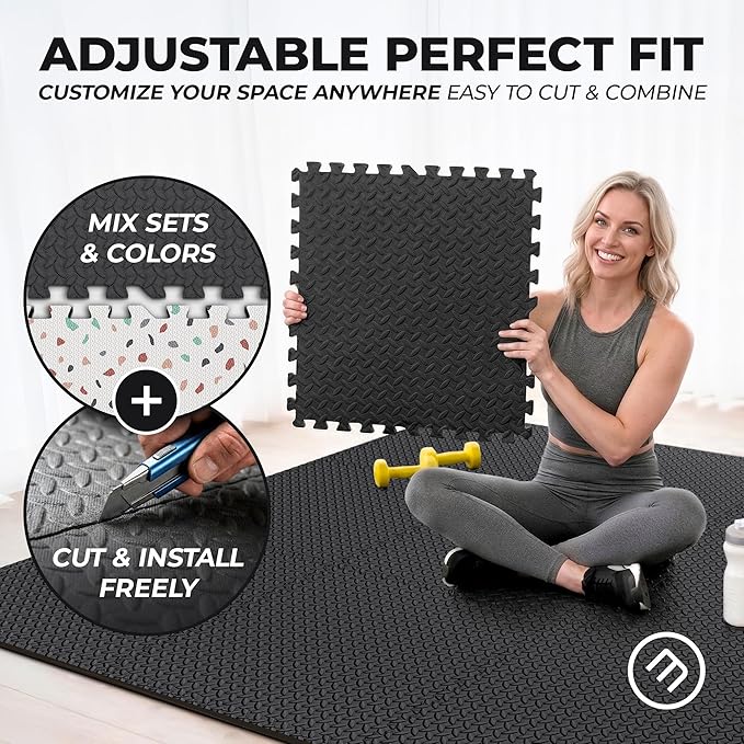 bemaxx Gym Mats Set - 24 pcs EVA Interlocking Foam Floor Tiles (24.4"x24.4"x0.4") 96 sqft Protective Gym Flooring Sports Home Workout Exercise Mats Puzzle Garage Fitness Play-Room Pool Treadmill Bike