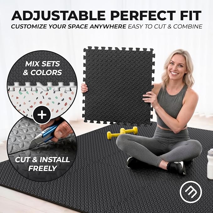 bemaxx Gym Mats Set - 48 pcs EVA Interlocking Foam Floor Tiles (24.4"x24.4"x0.4") 192 sqft Protective Gym Flooring Sports Home Workout Exercise Mats Puzzle Garage Fitness Play-Room Pool Treadmill Bike