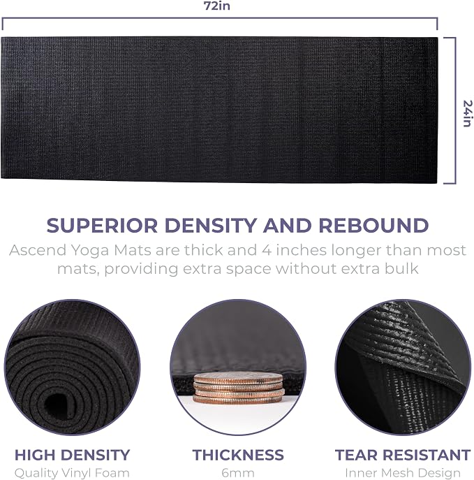 Ascend 6mm Thick Yoga Mat, 72x24in | Premium Non Slip Exercise Mat for Pilates, Workout, Stretching, Fitness, Training - Gym Mat for Home and Studio
