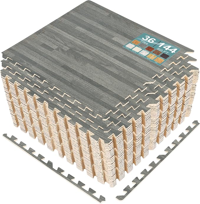 Sorbus Wood Grain Floor Tiles Foam Mat EVA Interlocking Mats Tile 3/8-Inch Thick Flooring Wood Puzzle Exercise Mats w/Borders - Home Playroom Basement, Apartment, Trade Show, Baby, Dance