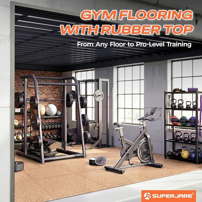 SUPERJARE 0.56'' Thick 36 Pcs 144 Sq Ft Rubber Top Exercise Equipment Mats, High Density EVA Foam Mats with Rubber Top, Interlocking Gym Flooring for Home Gym, Protective Workout Mat, Wood