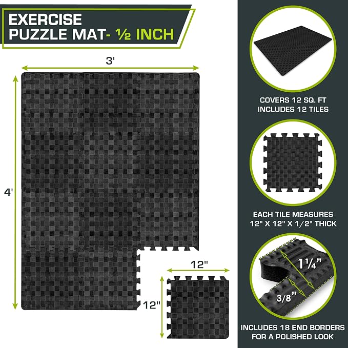 ProsourceFit Exercise Puzzle Mat ½-inch, Checkered EVA Foam Floor Tiles w/ Non-Slip Texture, Interlocking Design for Adjustable Gym Surfaces, Shock Absorbing, Black, 12 SQ FT - 12 Tiles