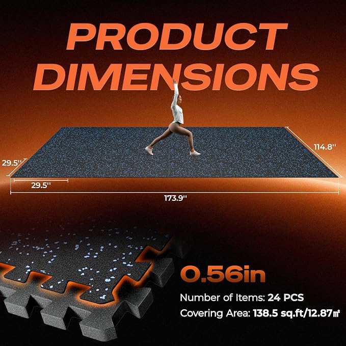 SUPERJARE 30" x 30" Larger Rubber Top Exercise Equipment Mats, 0.56" Thick 24PCS 150 Sq Ft High-Density EVA Foam Interlocking Gym Flooring, Big Workout Mat for Home Gym, Floor Protection, Black/Blue