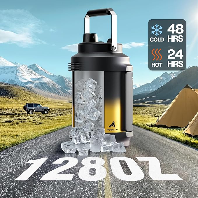 POWCAN 128 oz Insulated Water Bottle: 2-in-1 Straw Spout Lid, Dual Handle, Leakproof, Keep Cold 48H, Gallon Stainless Steel Water Jug for Camping, Travel, Gym, Hydration, Fitness, Daily (King)