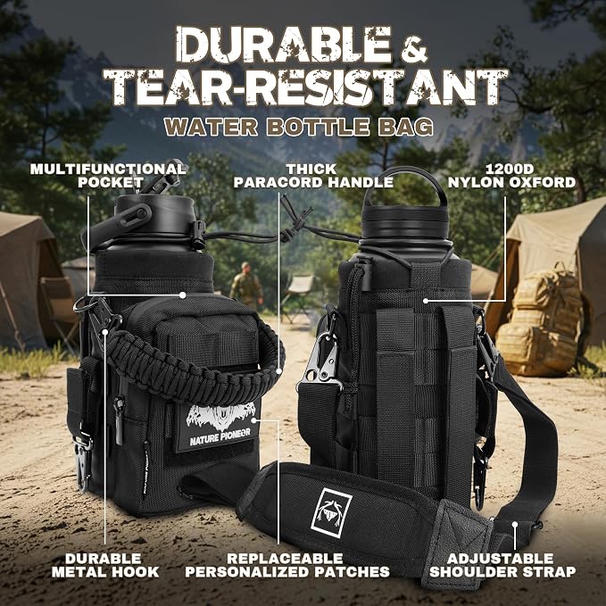 NATURE PIONEOR 32 oz Tactical Water Bottle with MOLLE Bottle Pouch & 3 Lids | 18/8 Food-grade Stainless Steel, Double Vacuum Insulation, 3 Leak-proof Lids, Handle, Strap, Camping, Hiking, Gym, Work