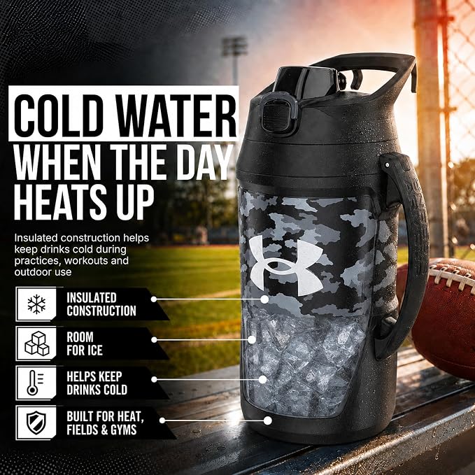 Under Armour Insulated Water Bottle with Handle & Fence Hook, Half Gallon Sports Water Jug, Leak-Resistant & BPA-Free for Baseball, Football & Gym - Black Woodland, 64oz