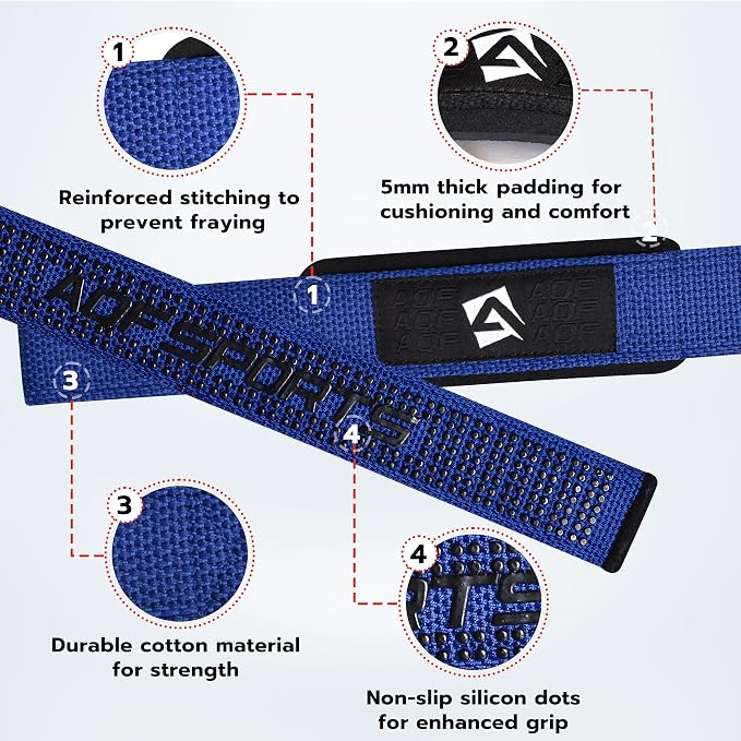 AQF Weight Lifting Straps, Padded Cotton Gym Wrist Straps for Deadlifts | 23" Extra-Long, Heavy-Duty Webbing, 5mm Neoprene Cushioning, Open-Loop Design, Sold as Pair, Ideal for Rows & Pull Workout