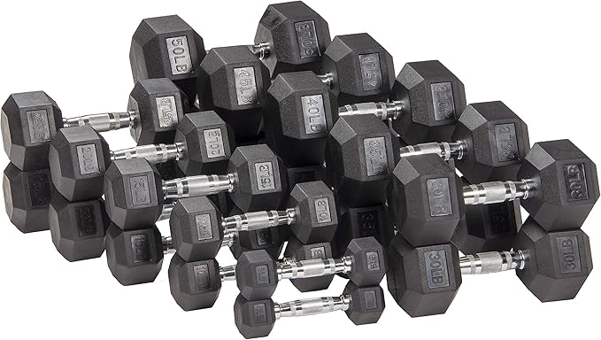 Signature Fitness Rubber Coated Hex Dumbbells Hand Weights for Exercises and Fitness Home Gym, 5-50 lbs, Pairs