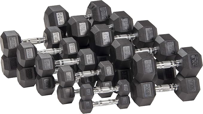 Signature Fitness Rubber Coated Hex Dumbbells Hand Weights for Exercises and Fitness Home Gym, 5-50 lbs, Pairs
