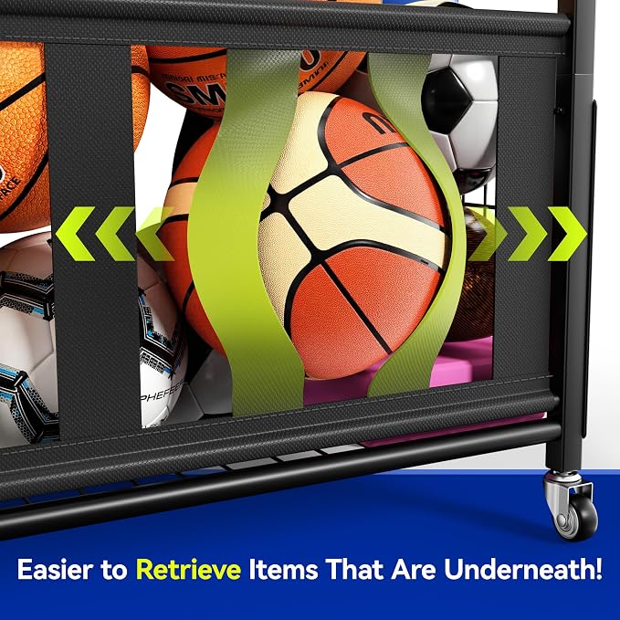 Sports Equipment Organizer, Large Capacity Garage Ball Storage Rack | Heavy-Duty Rolling Ball Cart with Locking Wheels for Basketball, Soccer & Sports Gear