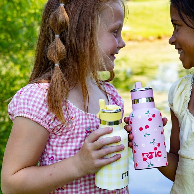 RTIC Little Journey Water Bottle with Straw, Ceramic-Lined, Insulated, Stainless Steel, Metal, Double Wall Vacuum-Insulation, Leak-Proof Lid, BPA-Free Water Flask for Sports, Travel, Sunlight Gingham