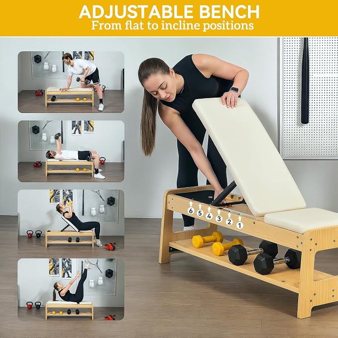 Soozier Adjustable Weight Bench with Dumbbell Rack Wooden Gym | Flat or Incline Design, Home Gym Weight Lifting Training