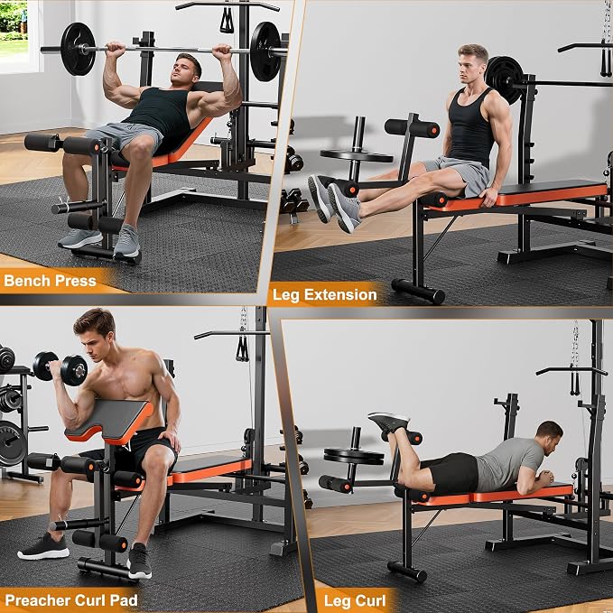 XDDIAS 9-in-1 Olympic Weight Bench Set with Lat Pulldown, Rowing, Squat Rack, Leg Extension/Curl, Preacher Pad, 900LB Adjustable Bench Press for Home Gym Weight Lifting Full-Body Workout
