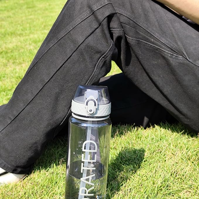 GOPPUS 32 oz Clear Water Bottle with Straw, BPA Free Tritan Water Bottle, Leakproof Clear Motivational Water Bottle, Wide Mouth Sports Water Bottle for Gym, Hiking, School, Office