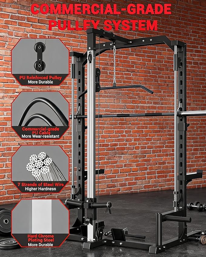 Garvee Smith Machine Home Gym - Multi-Functional Squat Power Rack with Barbell Bar, Cable System, LAT Pulldown, Safety Spotter Arms, J Hooks, Landmine - Strength Training Equipment for Home | With Barbell Bar, Cable System, LAT Pulldown, Safety Spotter...