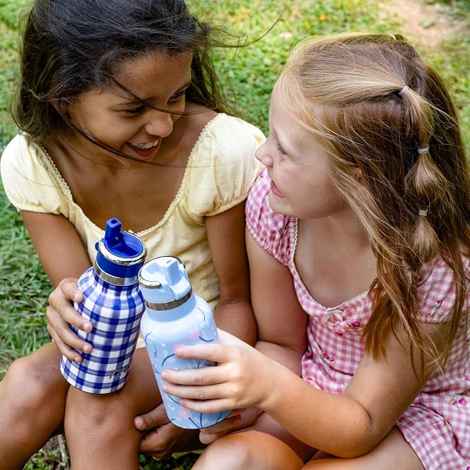 RTIC Little Journey Water Bottle with Straw, Ceramic-Lined, Insulated, Stainless Steel, Metal, Double Wall Vacuum-Insulation, Leak-Proof Lid, BPA-Free Water Flask for Sports, Travel, Cobalt Gingham
