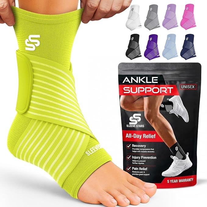 Sleeve Stars Ankle Brace for Women & Men, Ankle Wrap for Sprained Ankle, Compression Sleeve for Plantar Fasciitis Relief, Easy Customizable Support: w/ Removable Strap (Single/M:10"-12"/Neon Yellow Green)