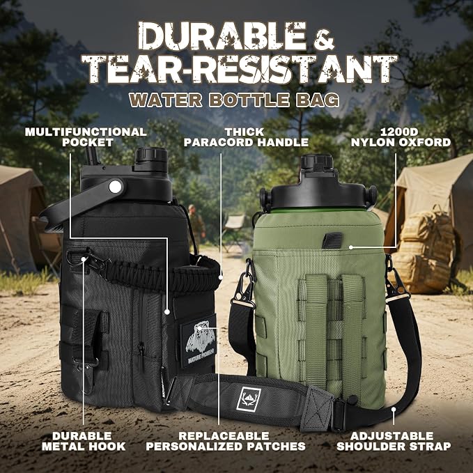 NATURE PIONEOR 128oz/1 Gallon Tactical Water Bottle with MOLLE Bottle Pouch | 18/8 Food-grade Stainless Steel, Double Vacuum Insulation, Wide-Mouth, Straw & Spout Lid, Strap, Camping, Hiking, Gym, Work