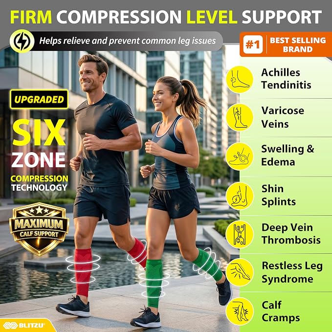 BLITZU Calf Compression Sleeves, Footless Compression Socks for Men & Women | Leg Support Brace, Shin Splint Pain Relief, Reduce Varicose Vein Swelling, Muscle Recovery, Running, Nursing, Fitness, Travel
