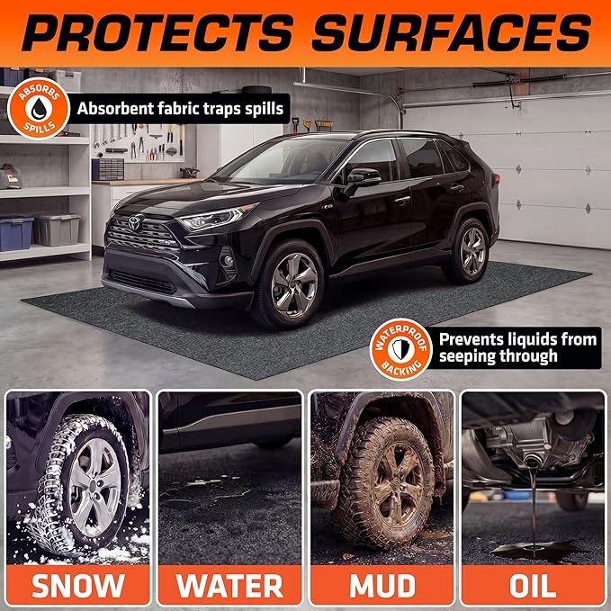 Armor All Jumbo XXL Garage Floor Mat (22' x 8'10"), Waterproof Garage Flooring, Absorbent, Premium Oil Spill Resistant Garage Pad, Durable, Protects Surfaces (Includes Double Sided Tape) (USA Made)