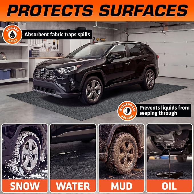 Armor All Premium Original Small Vehicle Garage Floor Mat, (8'4” x 7'4"), Protects Surfaces, Transforms Garage, Absorbent/Waterproof/Durable (Includes Double Sided Tape) (USA Made) (Charcoal)