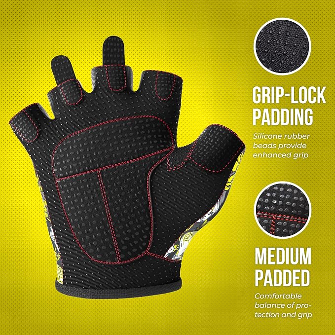 Contraband Pink Label 5237 Womens Designer Workout Gloves | Sugar Skull Print w/Grip-Lock™ Padding (Yellow, Medium)