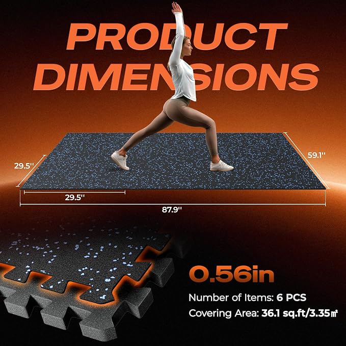 SUPERJARE 30" x 30" Larger Rubber Top Exercise Equipment Mats, 0.56" Thick 6PCS 37.5 Sq Ft High-Density EVA Foam Interlocking Gym Flooring, Big Workout Mat for Home Gym, Floor Protection, Black