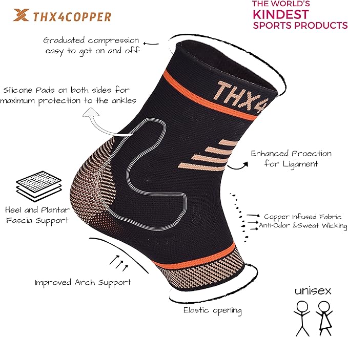 THX4COPPER Infused Compression Ankle Brace, Plantar Fasciitis Socks for Arch Pain, Reduce Swelling & Heel Spurs, Ankle Support - Single
