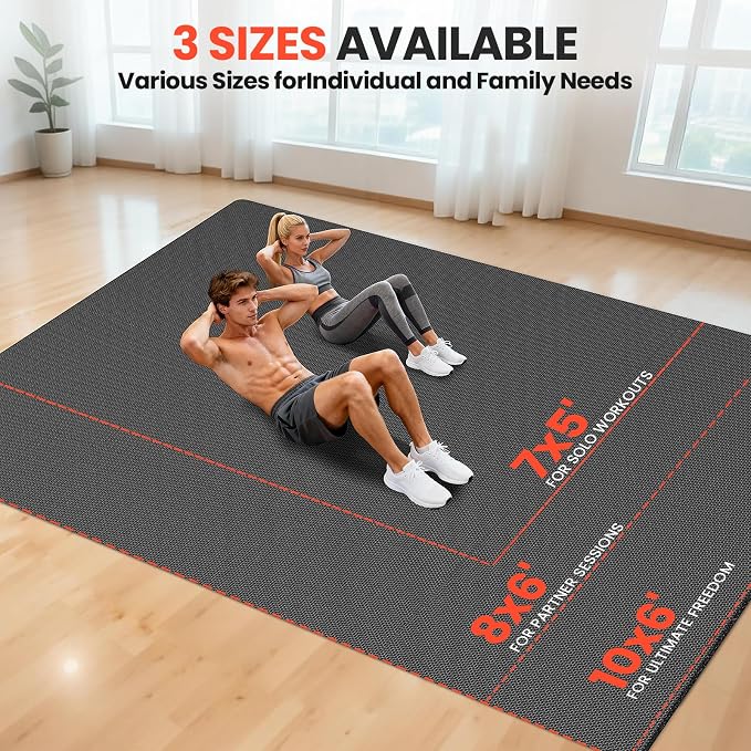 Stepwaver Extra Large Exercise Mat, 6'x4'/ 7'x5'/ 8'x6'/10'x6'x8mm (1/3 inch), Non-Slip, Ultra Durable, Thick Large Workout Mat for Home Workouts, Yoga Mats for Fitness, High-Density Exercise Mat, Shoes-Friendly