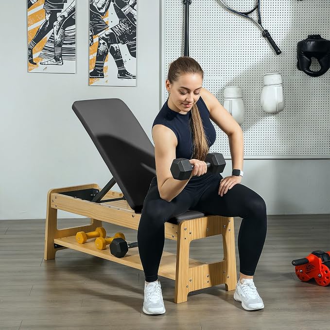 Soozier Adjustable Weight Bench with Dumbbell Rack Wooden Gym | Flat or Incline Design, Home Gym Weight Lifting Training