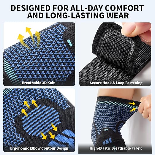 CAMBIVO 2 Pack Tennis Elbow Brace, Dual Gel Pad Compression Sleeve, Black | Adjustable Strap, Targeted Relief for Tendonitis, Golfer‘s Elbow, Breathable Knit, Daily Wear, Non-Slip Fit, for Men Women