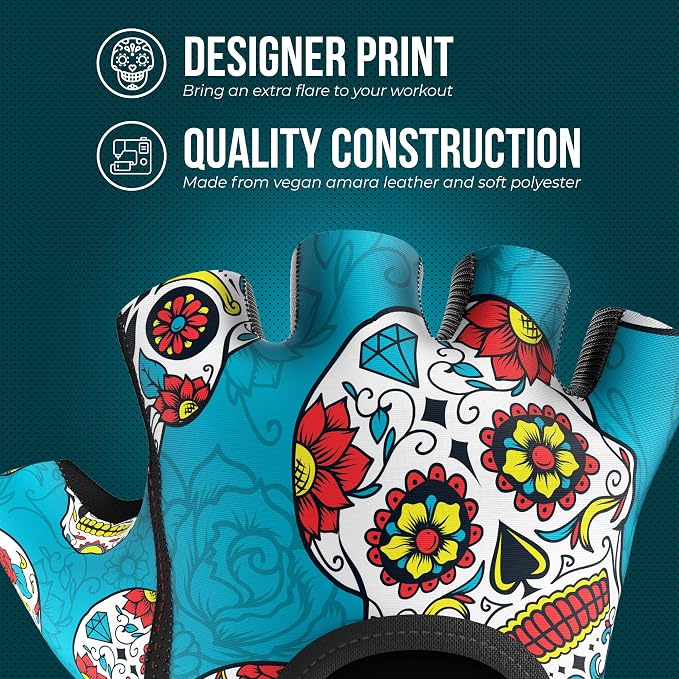 Contraband Pink Label 5237 Womens Designer Workout Gloves | Sugar Skull Print w/Grip-Lock™ Padding (Green, Medium)