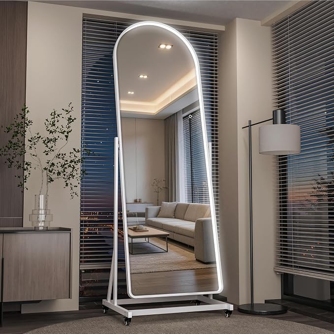 77"x26" Arched LED Full Length Rolling Mirror, Swivel | Tempered glass & metal frame, tilting & lockable wheels, 3-color dimmable LED, for bedroom, dressing room, gym & decor.