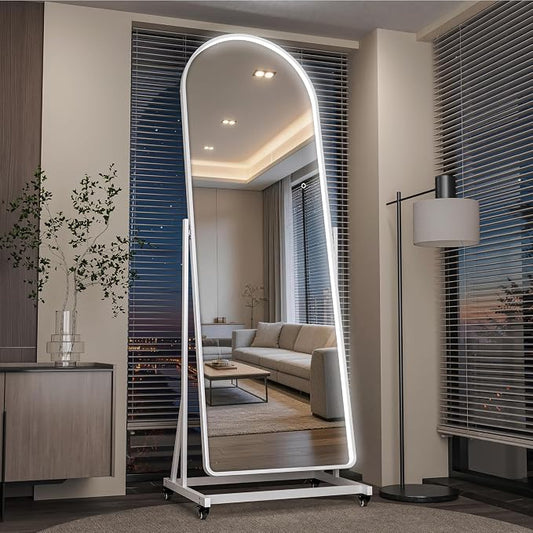77"x26" Arched LED Full Length Rolling Mirror, Swivel | Tempered glass & metal frame, tilting & lockable wheels, 3-color dimmable LED, for bedroom, dressing room, gym & decor.