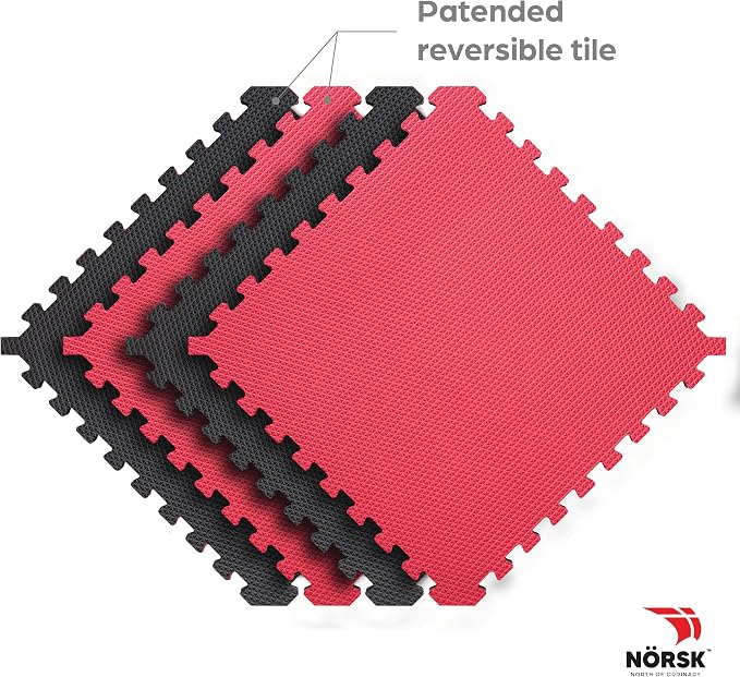 Reversible Gym Exercise Mats 3/4" Thick EVA Interlocking Foam Tiles, Perfect Home Gym Flooring, 16 24"x24" Tiles & 32 Trim Pieces, 64 Sq. Ft. Reversible, Red/Black