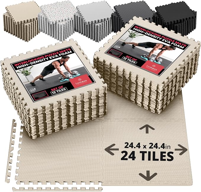 bemaxx Gym Mats Set - 24 pcs EVA Interlocking Foam Floor Tiles (24.4"x24.4"x0.4") 96 sqft Protective Gym Flooring Sports Home Workout Exercise Mats Puzzle Garage Fitness Play-Room Pool Treadmill Bike