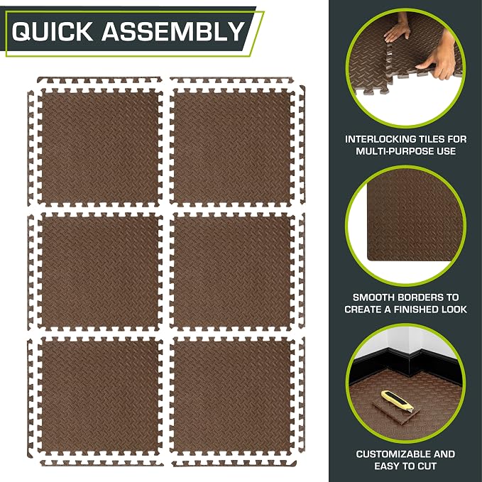 ProsourceFit Exercise Puzzle Mat 1/2-inch, EVA Interlocking Foam Floor Tiles for Home Gym, Workout Equipment, Kids Play Areas, Brown, 24 Sq Ft - 6 Tiles