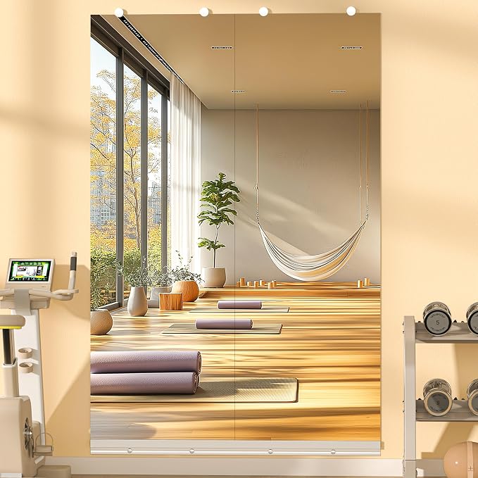 Hasipu Home Gym Mirror, 55"x17" Each, 2-Pack Frameless Wall Mounted Mirrors with Glass Clamps & 1 Aluminum Rail, Large Body Mirror for Home Gym, Yoga Studio, Bedroom, Silver Tempered Glass