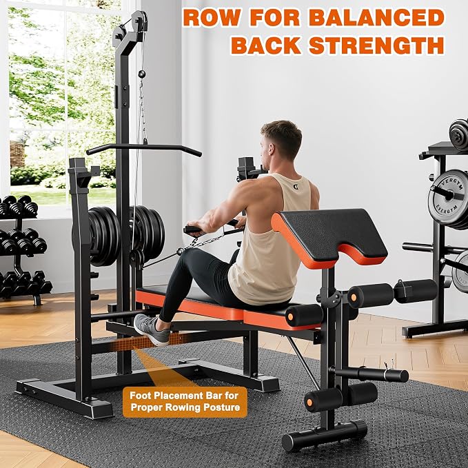 XDDIAS 9-in-1 Olympic Weight Bench Set with Lat Pulldown, Rowing, Squat Rack, Leg Extension/Curl, Preacher Pad, 900LB Adjustable Bench Press for Home Gym Weight Lifting Full-Body Workout