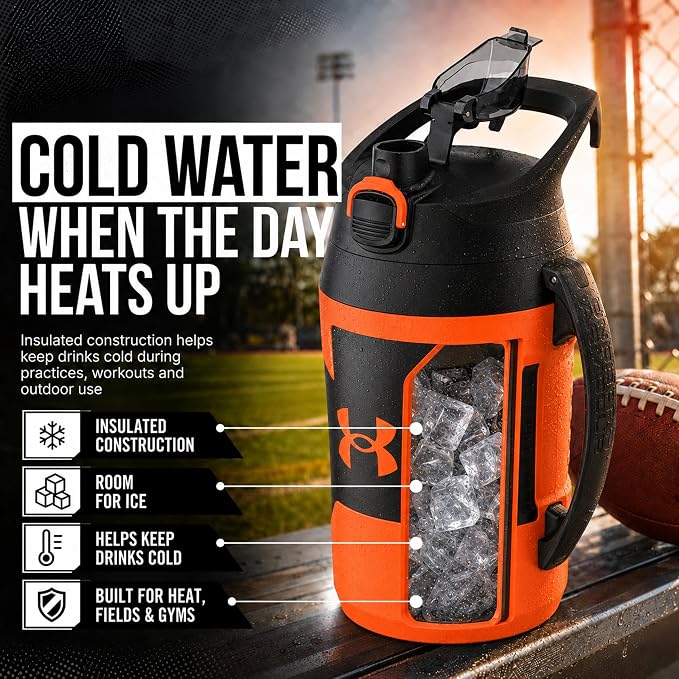 Under Armour Insulated Water Bottle with Handle & Fence Hook, Half Gallon Sports Water Jug, Leak-Resistant & BPA-Free for Baseball, Football & Gym - Blaze Orange/Black, 64oz