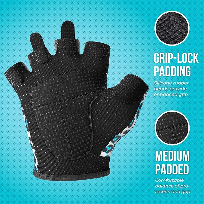 Contraband Pink Label 5297 Womens Design Series Leopard Print Lifting & Rowing Gloves (Pair) - Lightweight Vegan Medium Padded Microfiber Amara Leather w/Griplock Silicone