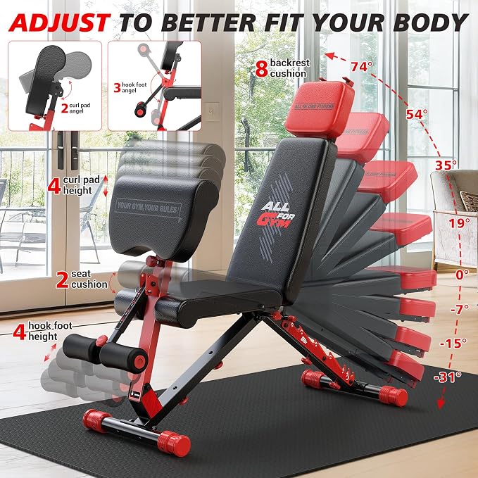 XDDIAS Workout Bench, Foldable Weight Bench with Variable Resistance Training Set, 880LBS Adjustable Bench with Leg Extension, Preacher Curl, Extended Headrest, Incline Decline Flat Bench for Strength Training